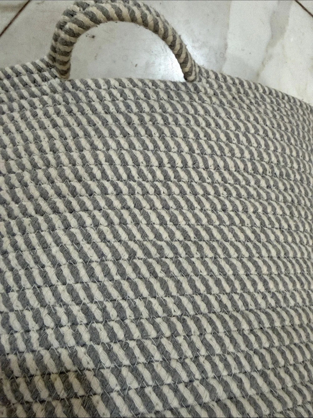 Edison Collection Light Gray / White Woven Cotton Storage Basket with Handles